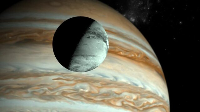 Beautifully detailed 3D CGI space scene of the moon Ganymede, with the vast shape of Jupiter in the background