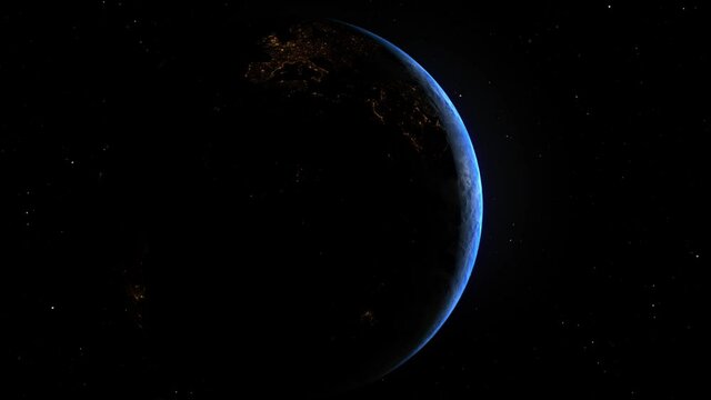 Spectacular 3D computer generated render of an Earth sunrise from space, as we orbit from the dark side of the planet to see the Sun emerge with a flare