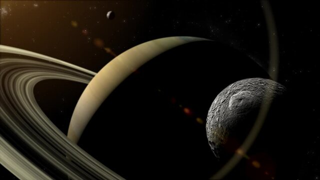 Dramatic 3D CGI space scene orbiting closely towards Saturn�s moon, Mimas, with the planet and its iconic rings dominating the background