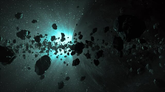 High quality and detailed 3D CGI VFX space scene, looking through an asteroid belt towards a mysterious planet as a blue-green star shines in deep space