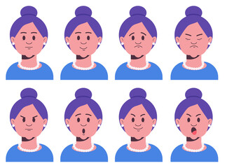 Face expressions of grandmother. Set of old female emotional characters. Avatars with neutral, surprise, joy, shock, sad and anger emotions. Cartoon style vector illustration isolated on white