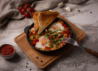 Shakshouka in cast iron skillet. Fried eggs with vegetables and toasts.