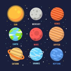 Vector Planet icon set of solar system planets on dark space background. mercury, venus, earth, mars, jupiter, saturn, uranus, neptune, moon, stars and sun. © Yahya Art