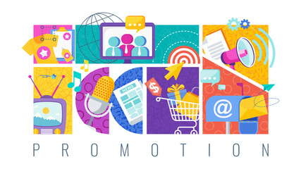 Obraz premium Promotion and advertising banner with icon. Flat vector illustration.