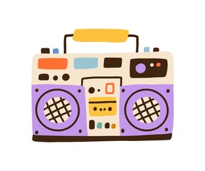 Colorful hiphop boombox isolated on white background. Retro cassette player, music recorder. Party stereo system of 80s and 90s. Vector illustration in flat cartoon style