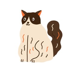 Cute cat sitting. Funny curious kitty, Adorable childish kitten. Scandinavian domestic animal drawing for t shirt print. Flat vector cartoon illustration isolated on white background