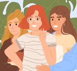 Cute happy teenagers posing together for photo. Adolescent smiling girls school friends hugging. Modern teen classmates embracing. Scene of friendship. Flat vector cartoon illustration