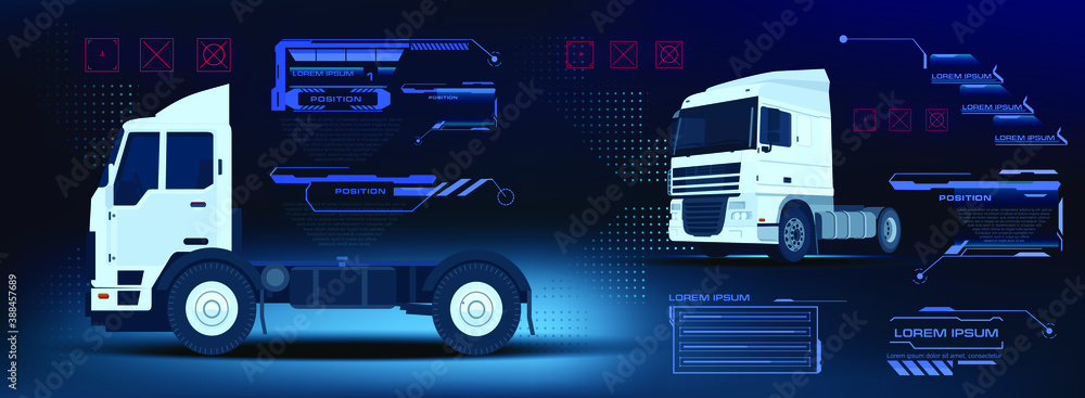 Poster truck with settings and options for a hud style user interface. automotive interface. autonomous tru