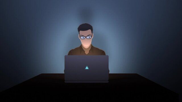 Animated Male Character working on Laptop in a Dimly Lit Room