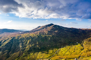 Aerial view of the bluestack mountains viewing towards Carnaween in Donegal - Ireland