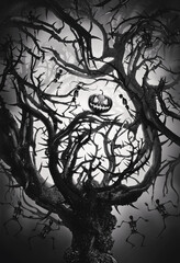 bw mystic tree with halloween pumpkin and skeletons