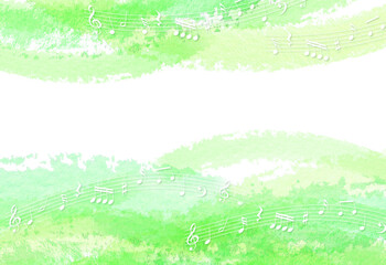 Fototapeta premium 音符と新緑 水彩タッチの背景 