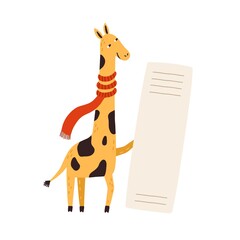 Funny giraffe in scarf holding empty banner. Cute wild animal demonstrating vertical sign or card with place for text. Flat vector cartoon illustration isolated on white background