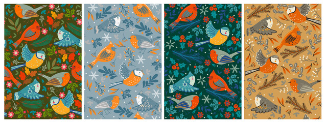 Set of seamless patterns with winter birds. Vector graphics. © Екатерина Зирина
