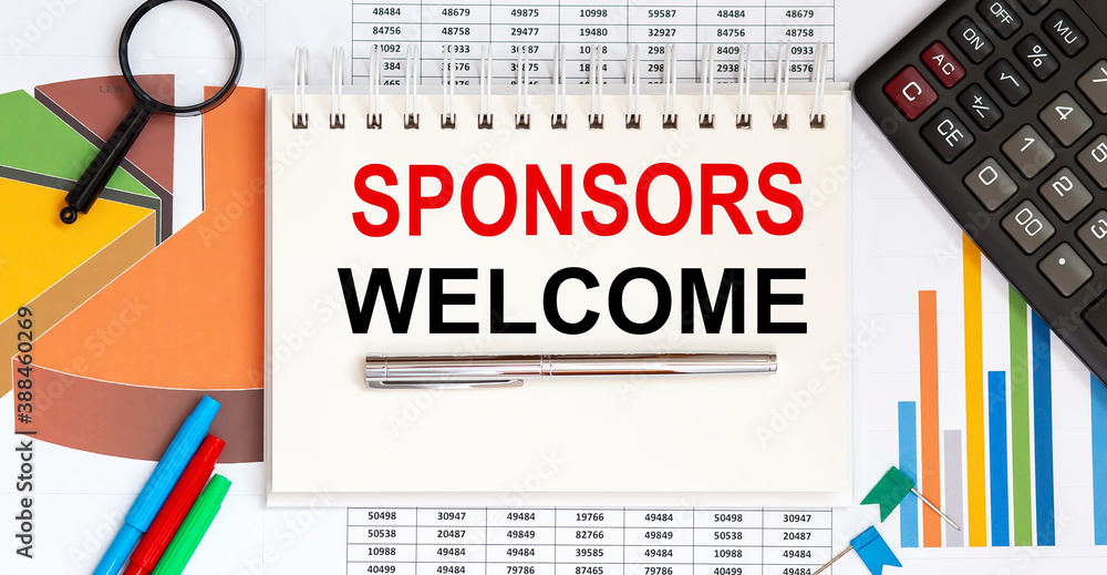 Poster notebook with tools and notes about sponsors welcome ,concept