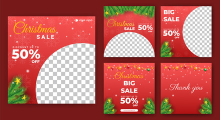 Set of editable square banner templates. Christmas sale post template design with photo collage. Usable for social media post, story and web internet ads.