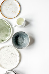 ceramic tableware top view on white background mock up