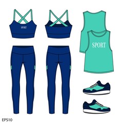 Set of sport wear collection. sports wear fashion  flat sketch template, fitness out fit front and back view