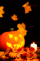 Halloween Still Life Colorful Theme Scary Decorated Dark and yellow maple leaves Room with Burning Pumpkin, Candlestick