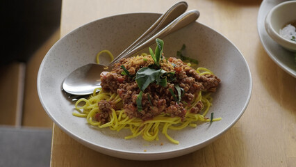 Chinese food fried noodles.Chinese style chicken fried noodles.