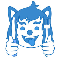 emoticon hungry wolf ready to eat with fork and knife in hands, funny cartoon character with simplistic facial expression, simple hand drawn line icon from set