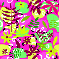 Floral seamless vector pattern with colorful flowers and leaves. Contrast trendy background and pattern for printing on fabrics. Hand drawn digital illustration