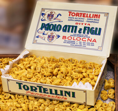 Bologna / Italy - December 24, 2019: Paolo Atti & Figli raw Tortellini in a shop of Bologna city center during the Christmas holidays. 