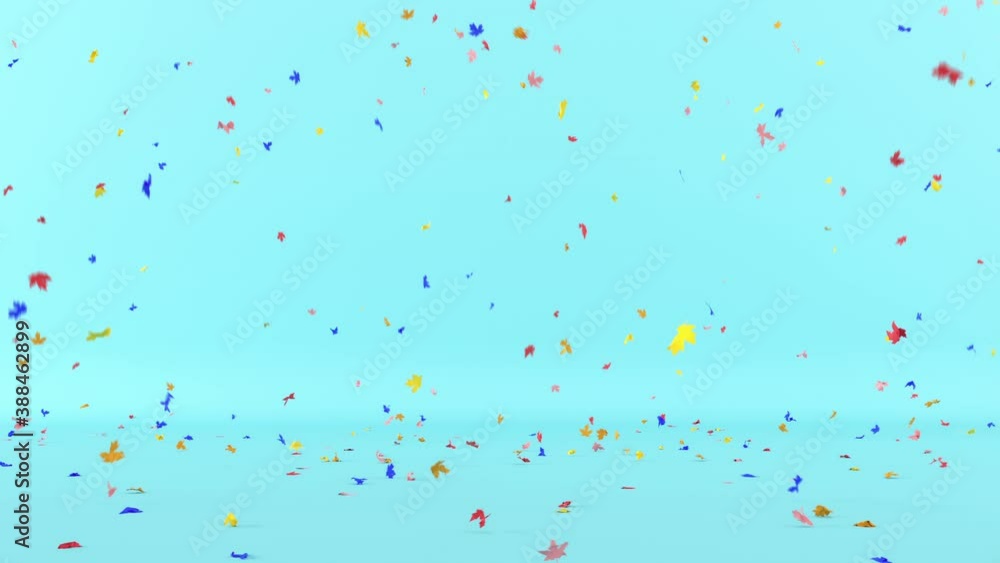 Poster falling colorful maple leaf on blue background space. 3d animation. minimal christmas idea concept.
