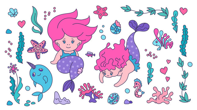 Life of mermaids - set of isolated stickers for kids. Vector summer set with little mermaids, narwhal, shells, water plants, sea stars, coral and anemones. Kawaii Under the Sea - childish collection