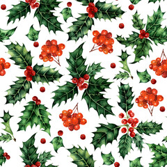 Watercolor seamless pattern with holly leaves and rowan berries. Festive pattern for Christmas and New Year. Isolated on white background. Drawn by hand.