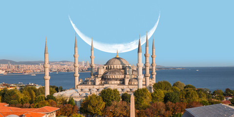 The Blue Mosque with crescent moon (new moon) -Sultanahmet, Istanbul, Turkey.