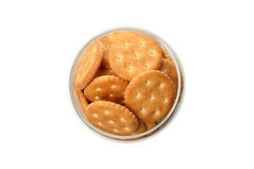 Glass jar with cracker biscuits isolated on white background