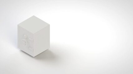 Isometric 3d rendering of a heavy duty bank safe. White subject and background, copy space, soft shadows. Commercial concept for insurance, savings, investments and finance. 