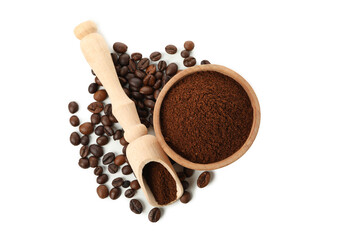 Wooden bowl with ground coffee isolated on white background