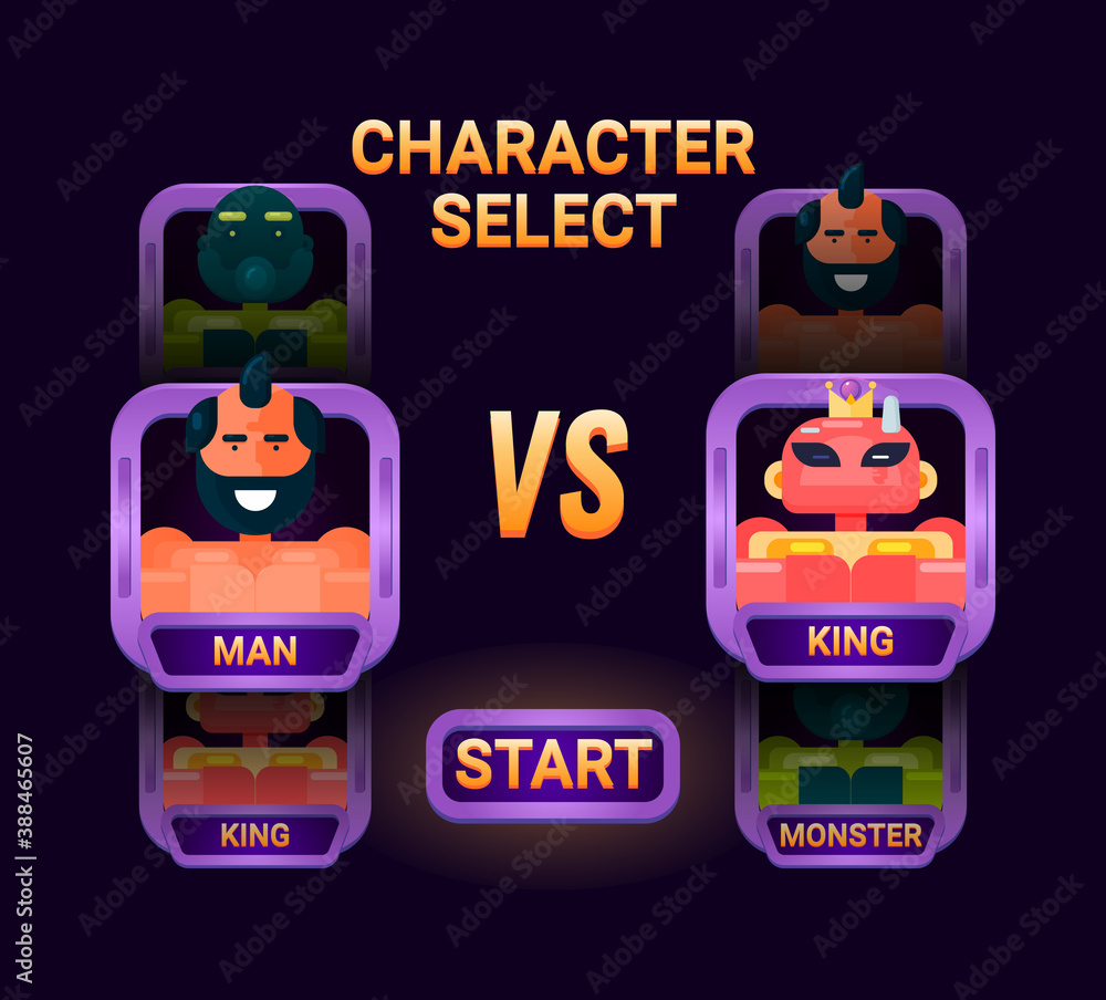 Fototapete game ui character selection pop up for 2d gui interface vector illustration
