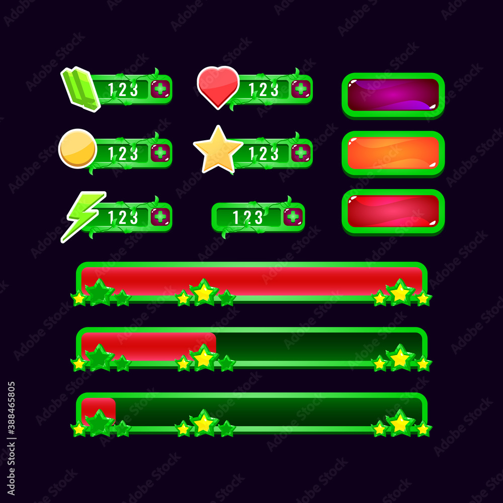 Aufkleber set of nature gui progress bar, button icon, additional panel and other for game ui asset elements v