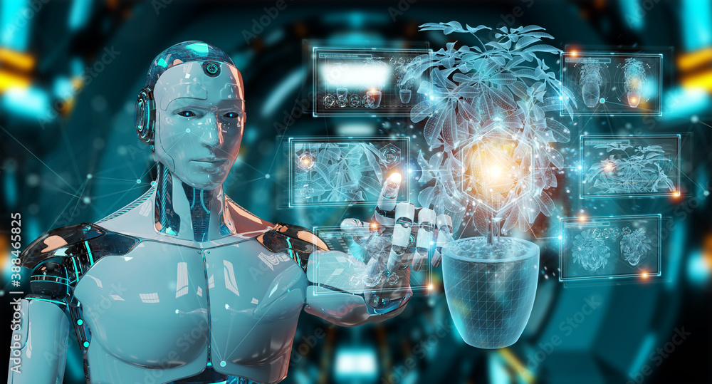 Leinwandbilder robot holding and touching holographic projection of a plant with digital analysis 3d rendering