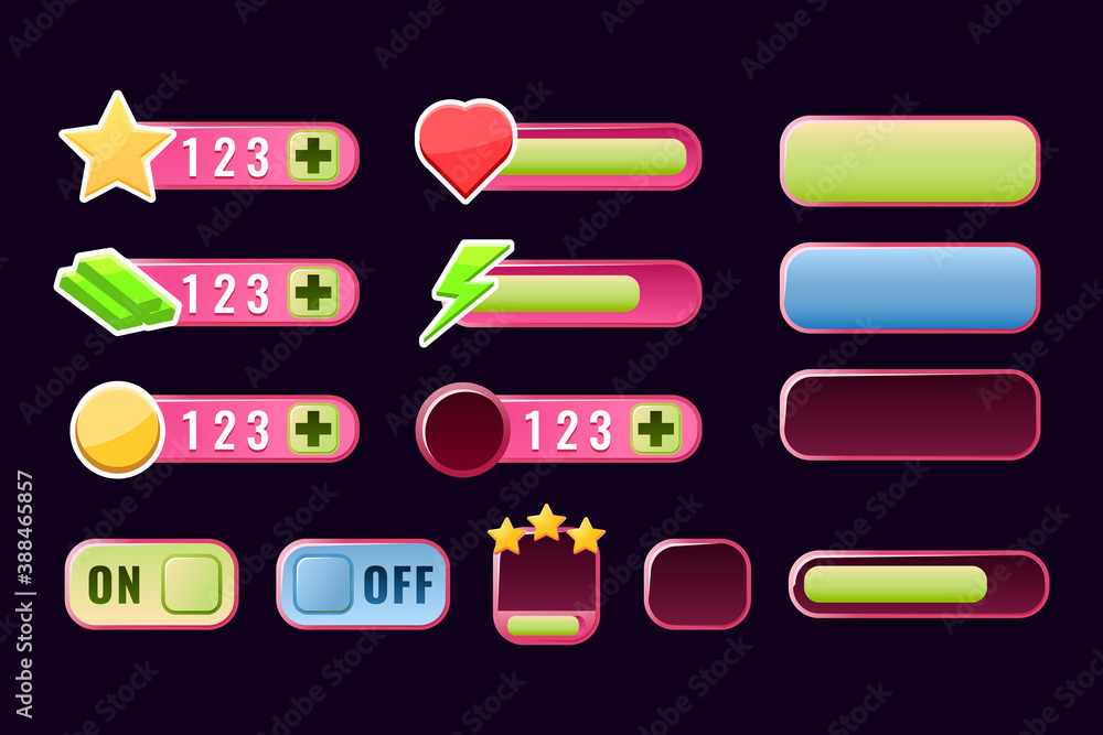 Poster set of funny pink gui progress bar, button icon, additional panel and other for game ui asset elemen