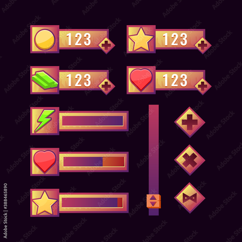 Poster set of wooden gui progress bar, icon, additional panel and other for game ui asset elements vector i