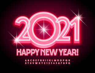 Vector Happy New Year 2021 greeting card. Red light Font. Electric glowing Alphabet Letters and Numbers set