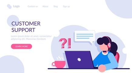 Customer service. Female operator of call center with headphones and microphone with laptop computer. Modern flat illustration.