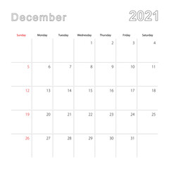 Simple wall calendar for December 2021 with dotted lines. The calendar is in English, week start from Sunday.
