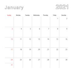 Simple wall calendar for January 2021 with dotted lines. The calendar is in English, week start from Sunday.