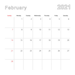 Simple wall calendar for February 2021 with dotted lines. The calendar is in English, week start from Sunday.