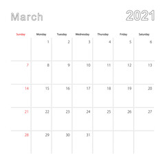 Simple wall calendar for March 2021 with dotted lines. The calendar is in English, week start from Sunday.