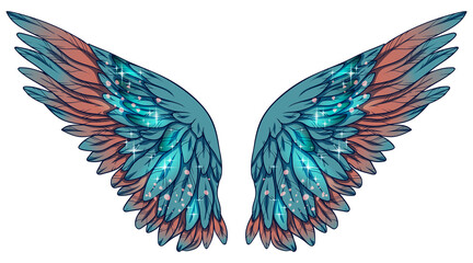 Beautiful magic glittery turquoise pink vector wings