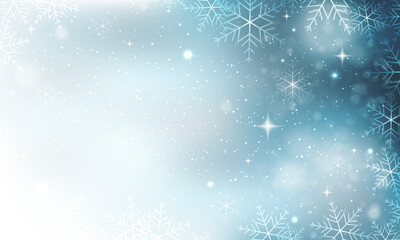 Fototapeta na wymiar Winter abstract vector background. Snowflakes, glitter and stars. Christmas card.