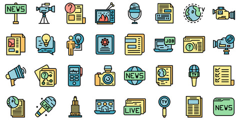 Reportage icons set. Outline set of reportage vector icons thin line color flat on white
