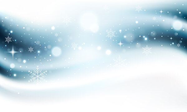 Winter snowy background with glitters, snowflakes and stars. Abstract vector christmas card.