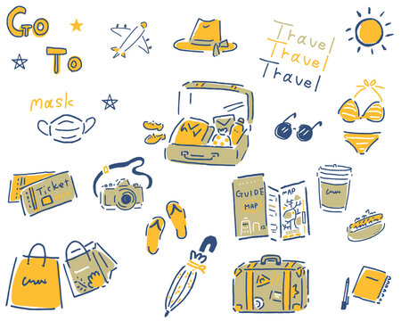 旅行の小物をルーズな線で描いたイラストセット Illustration set that draws travel accessories with loose lines